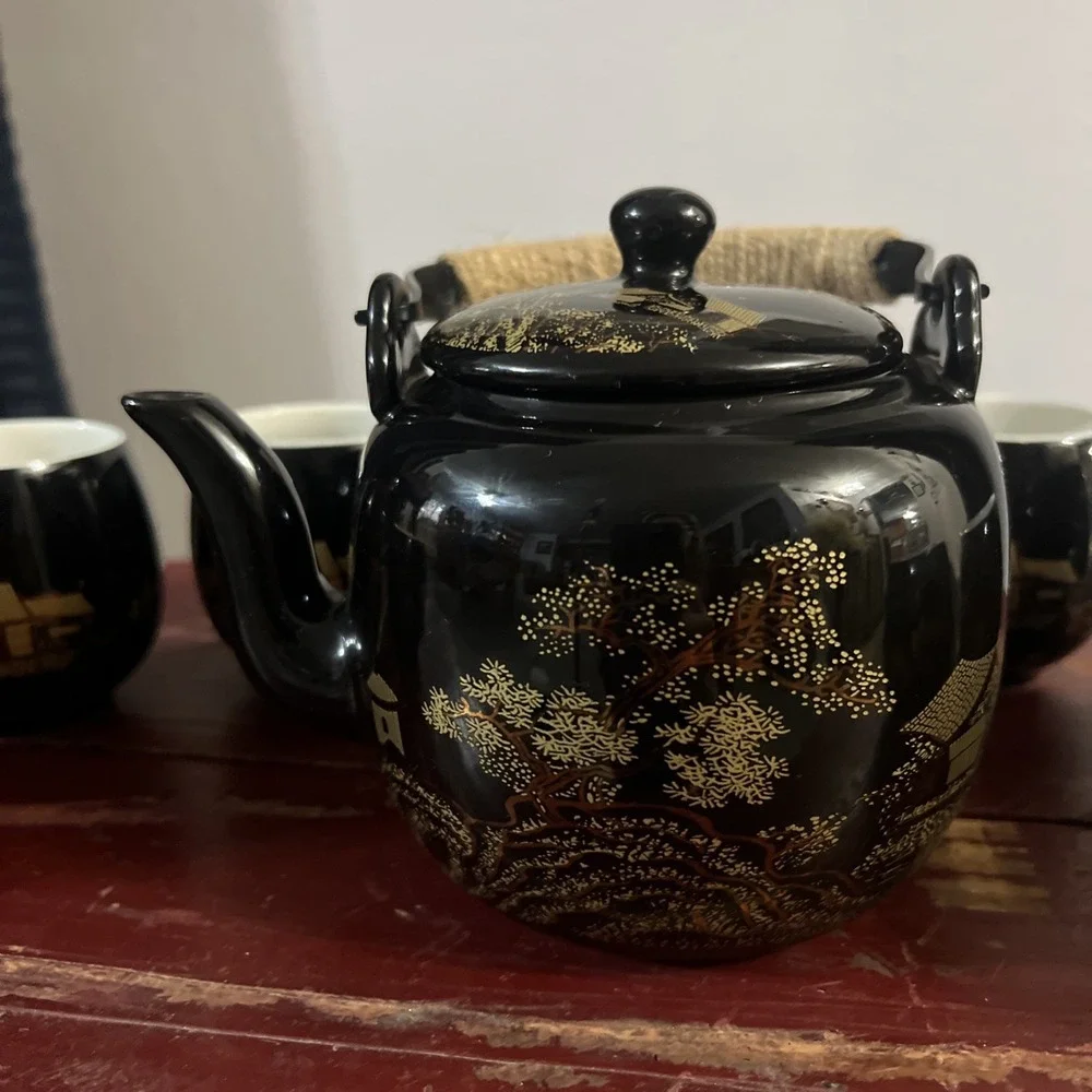 Vintage Dujust Japanese Tea Pot & 6 Cups Black & Gold House & Tree‎ Design